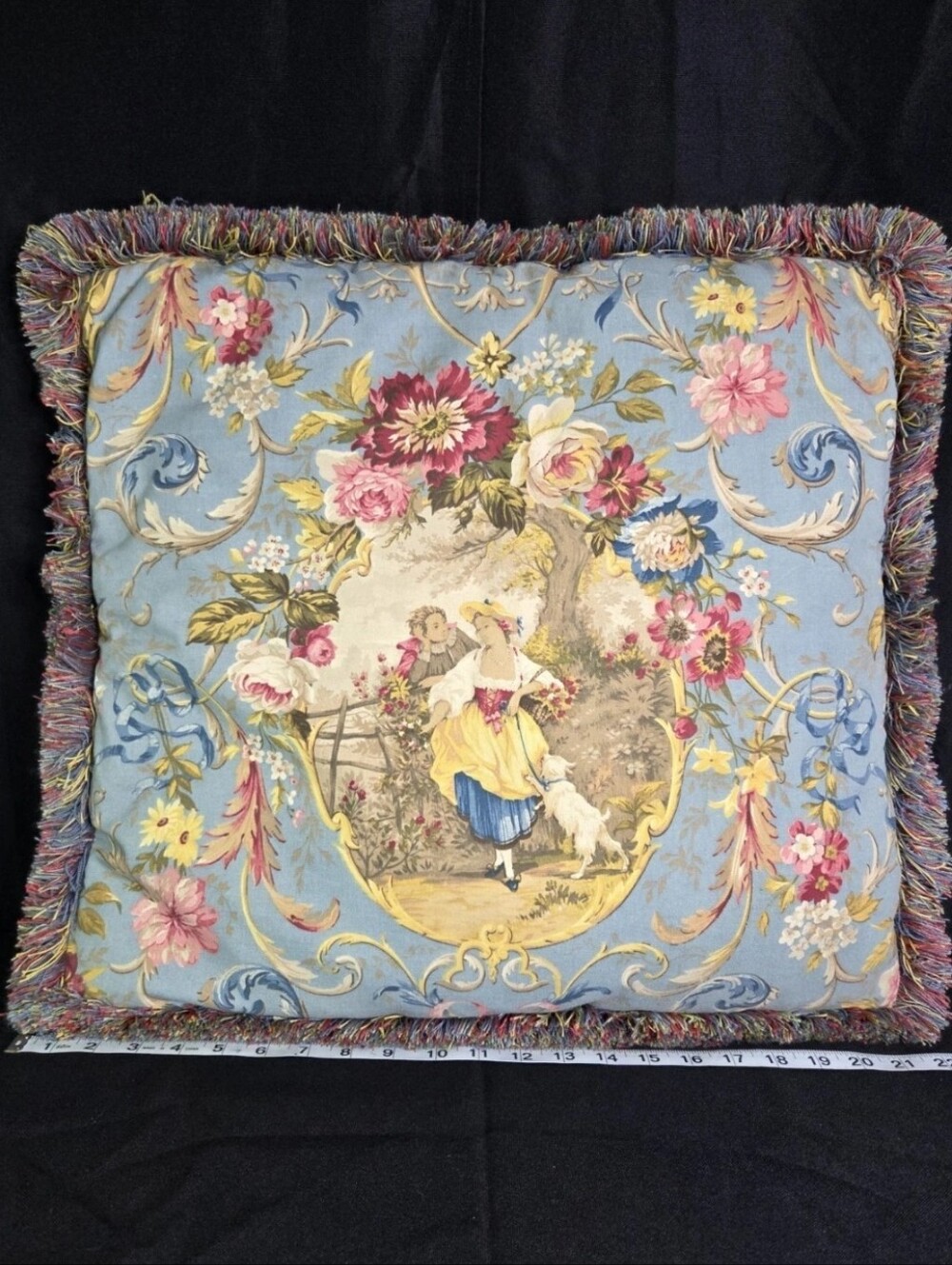 Richloom Fragonard Pillow Cameo French Country Toile Cornflower W Multi Fringe